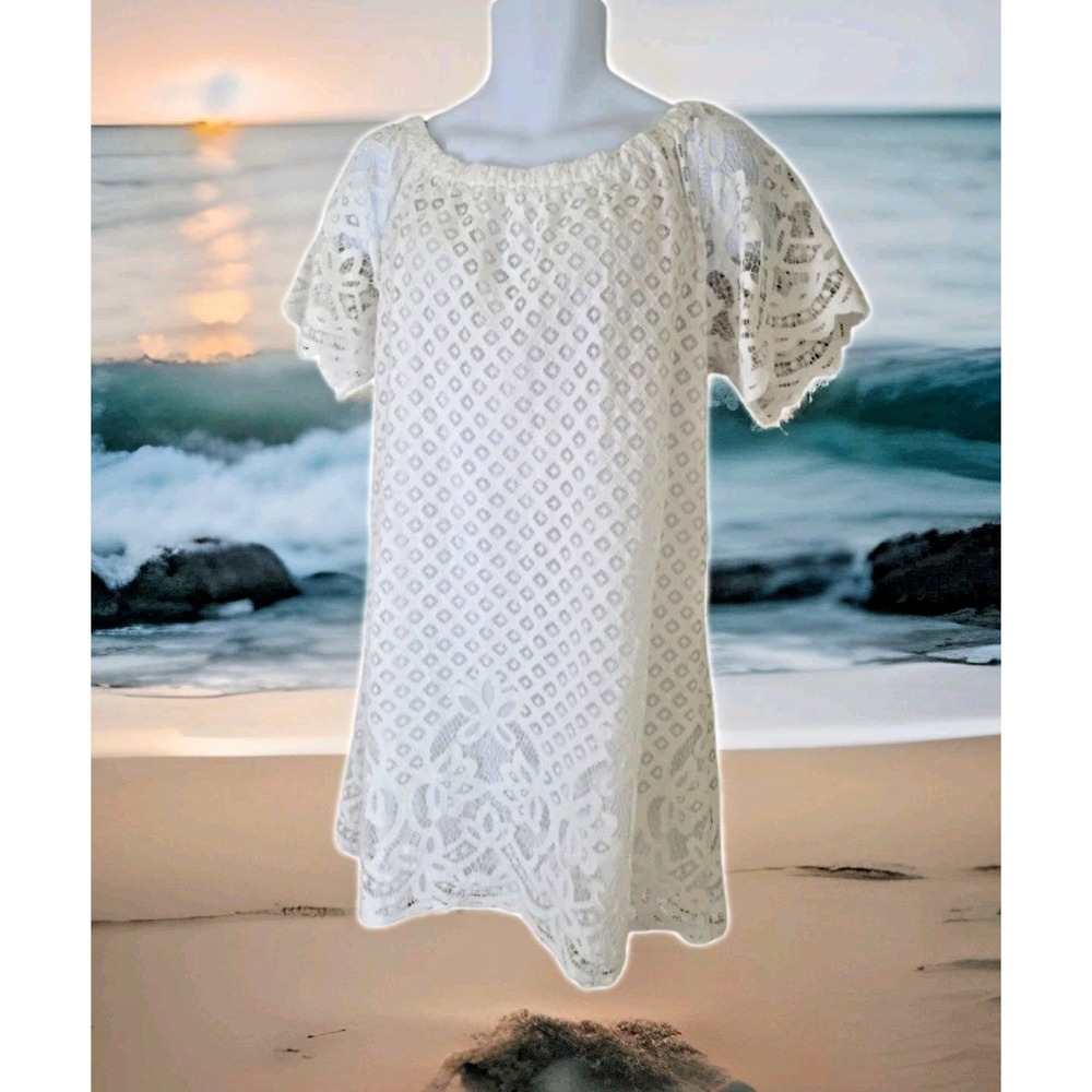 Rafaella Sheath Dress L White Lace Overlay‎ Lined Beachy Boho Festival Resort